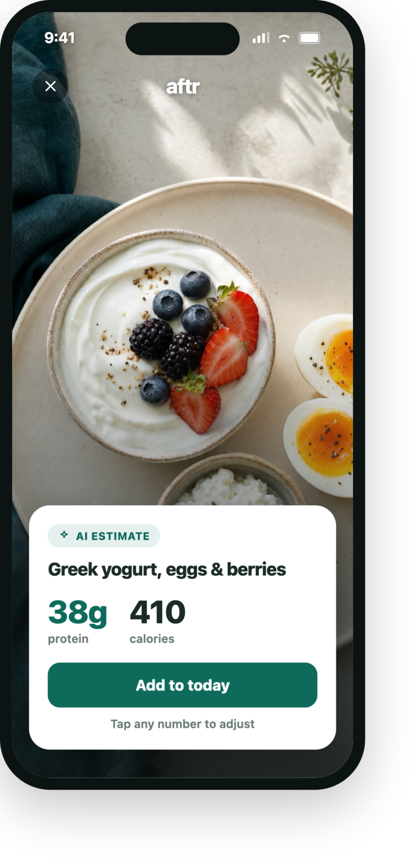 Snap a photo of your meal — AFTR estimates the protein instantly